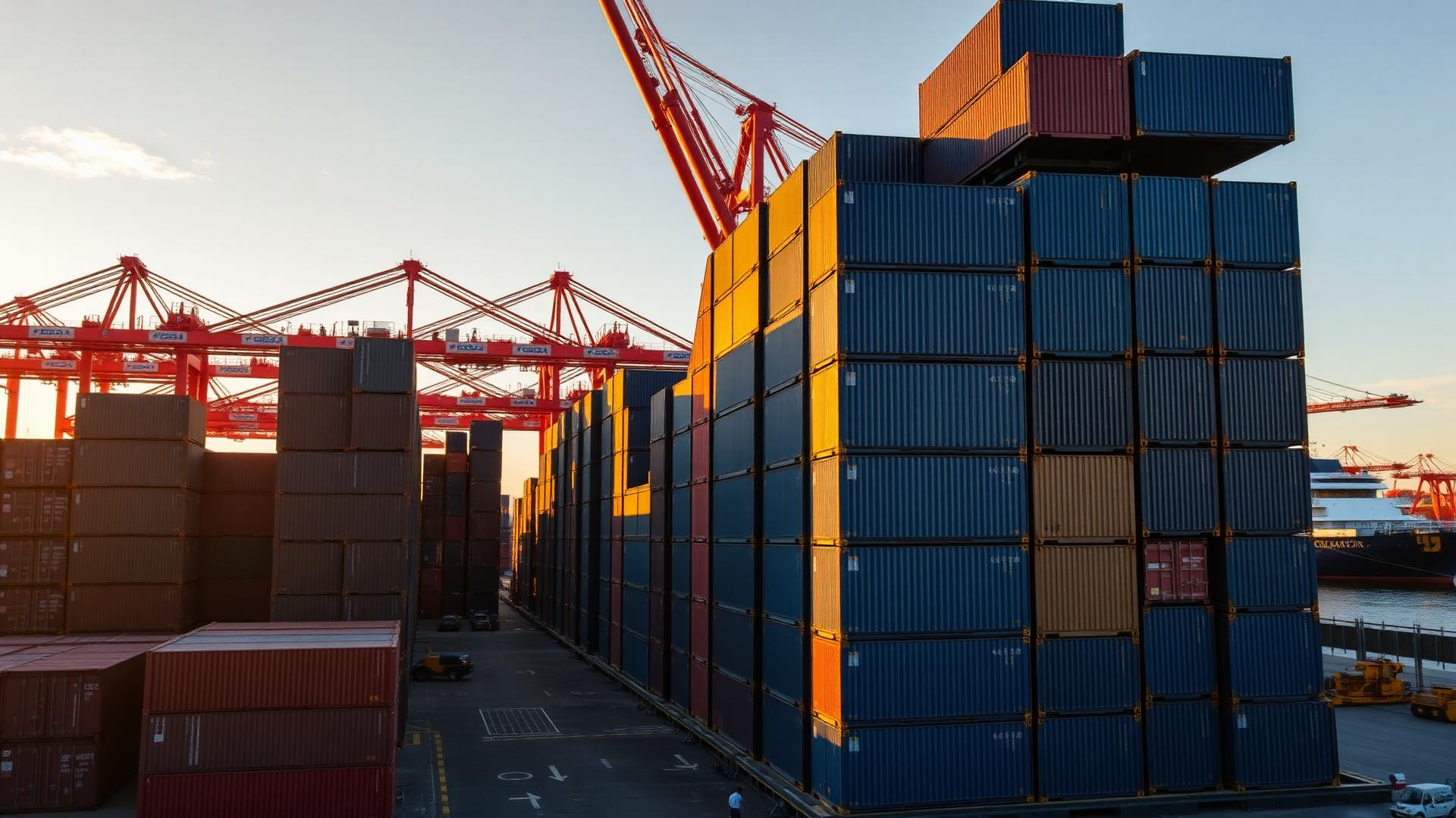 Stacks of brand new ISO shipping containers at an industrial port with gantry cranes